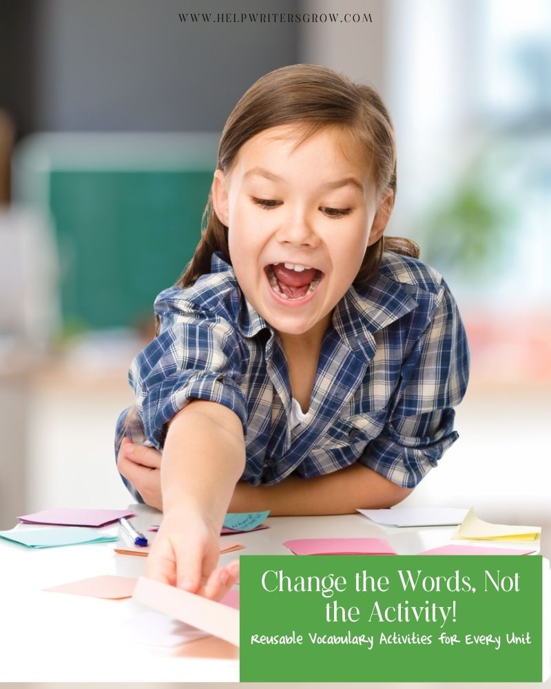 Smiling elementary student reaching for colorful vocabulary cards against a blurred classroom background, illustrating reusable word wall activities.