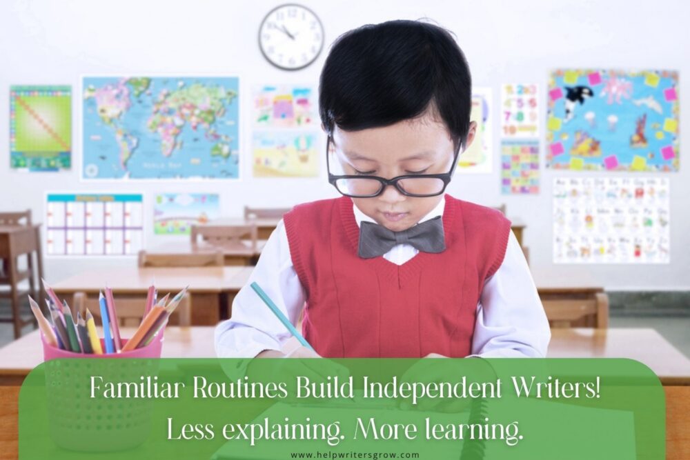 Elementary student wearing glasses and a red sweater vest writing independently in a notebook during a classroom learning activity.