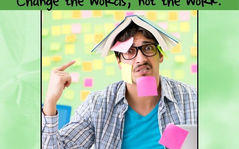 Overwhelmed teacher surrounded by books and sticky notes, illustrating the challenge of planning new literacy center activities every week.