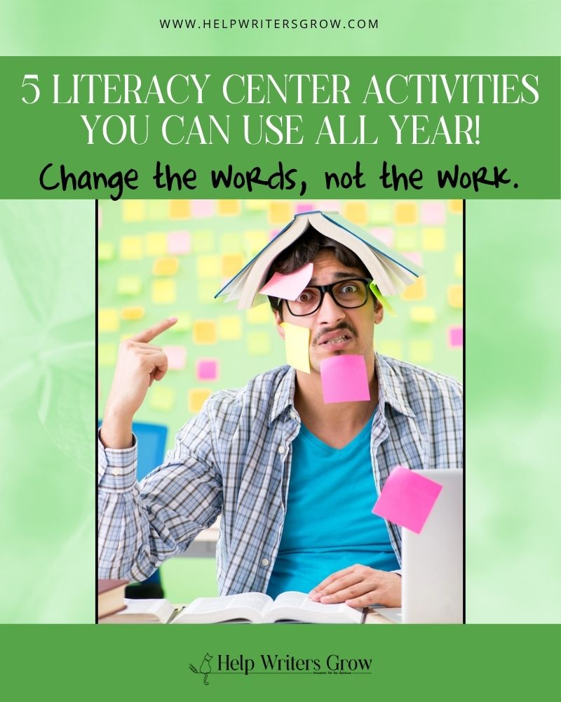 Overwhelmed teacher surrounded by books and sticky notes, illustrating the challenge of planning new literacy center activities every week.